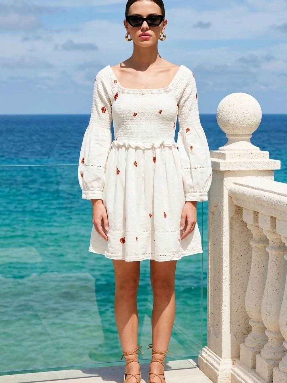 Free People White Smocked Mini Dress with Rust Floral Accents